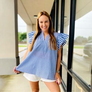 Sleeveless, trendy stripes, ruffle sleeves blue, and white top